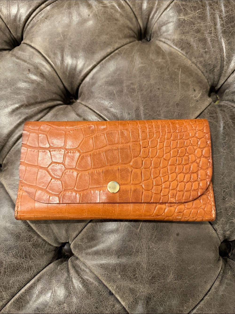 Croc-Embossed Real Leather Card Holder Wallet in Tan